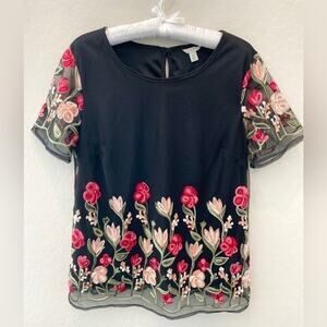 EST 1946 | Black Netted Whimsical Floral Embroidered Semi Sheer Top | Medium